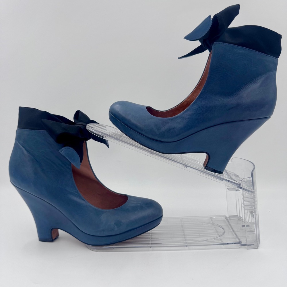 CC Corso Como Blue Leather Wedge Pumps Ankle Bow Platform Heels Brazil Size 8 - Picture 3 of 8